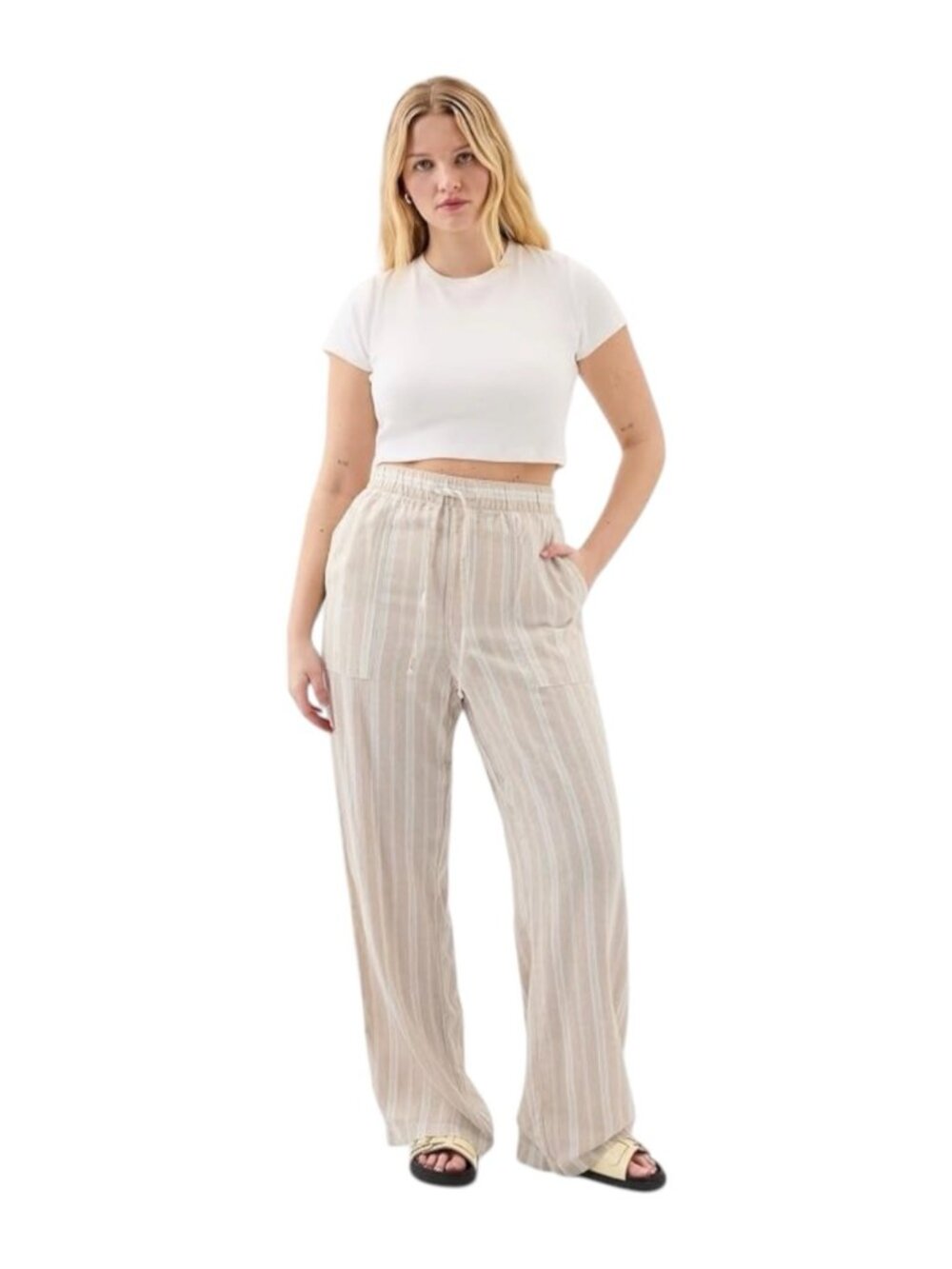 GAP Linen Blend Wide Leg Pants Petite Small Khaki Stripe